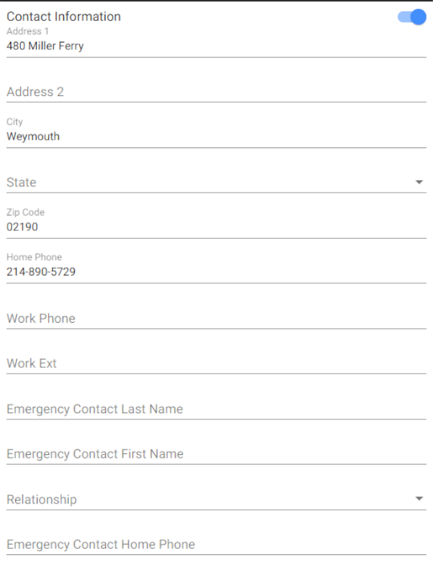 Screenshot of Contact information for patient and emergency contact.  None of the fields are required by the system, but maybe requested by the supplier.